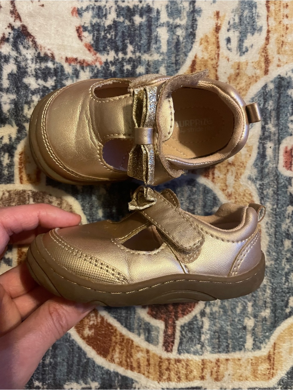 Stride Rite Toddler Mary Jane Shoes in Gold with Glitter Bow